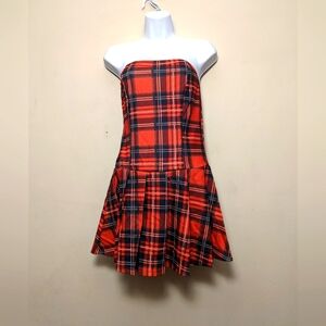 Red Plaid Strapless Mini Dress M New